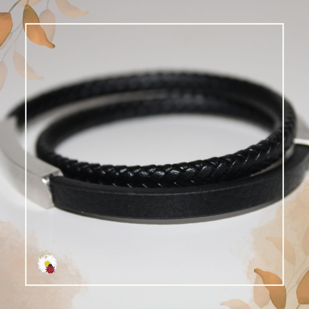 Pulseira Preta Dupla com Chapinha em Aço