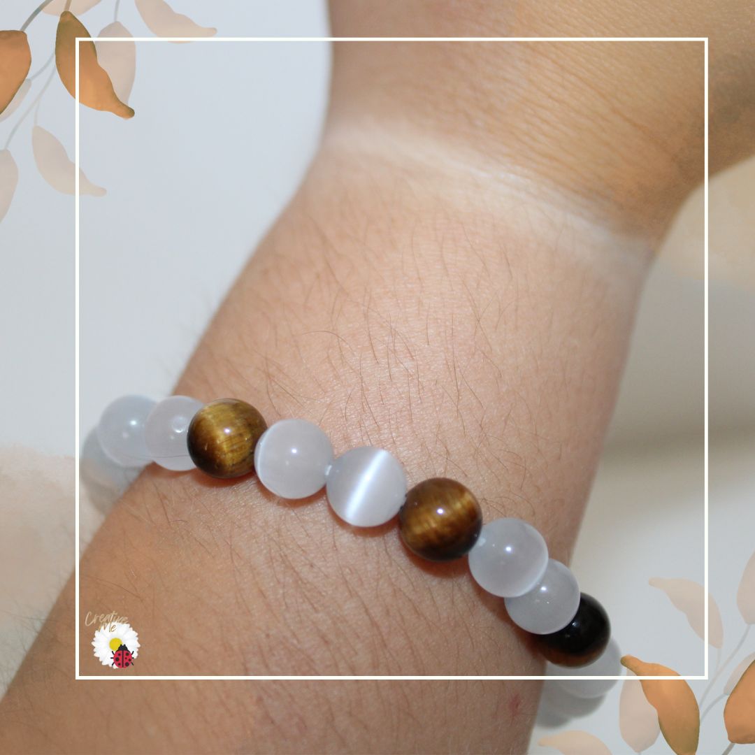 Pulseira de Selenita & Olho de Tigre – Proteção e Equilíbrio