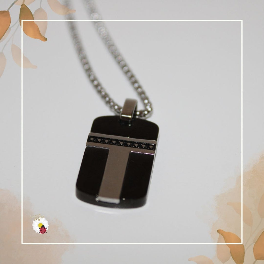 Colar Masculino em Aço com Pingente Preto e Prateado