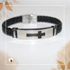 Pulseira Preta Entrançada com Cruz em Aço