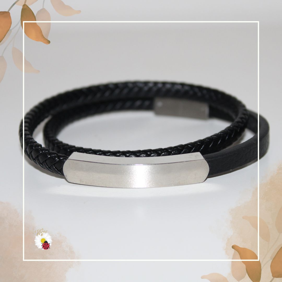 Pulseira Preta Dupla com Chapinha em Aço