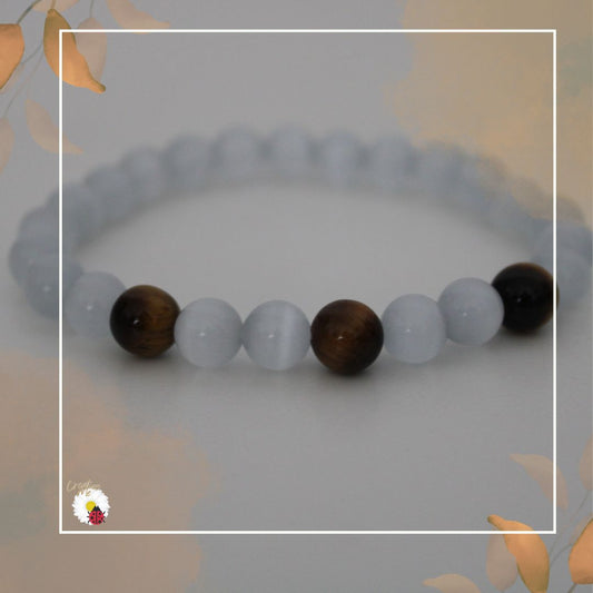 Pulseira de Selenita &amp; Olho de Tigre – Proteção e Equilíbrio