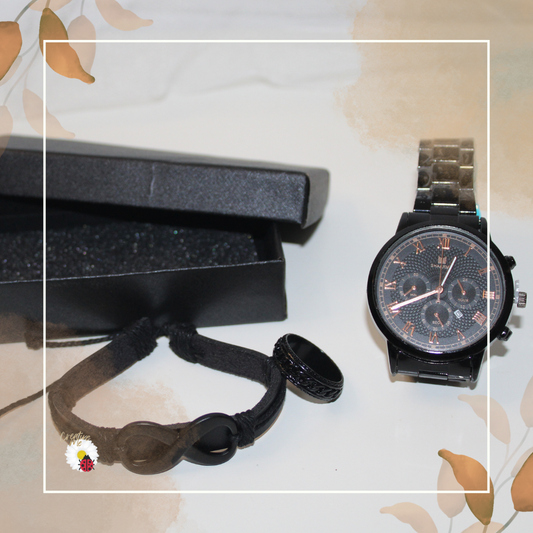 Conjunto Masculino Preto – Relógio, Anel e Pulseira
